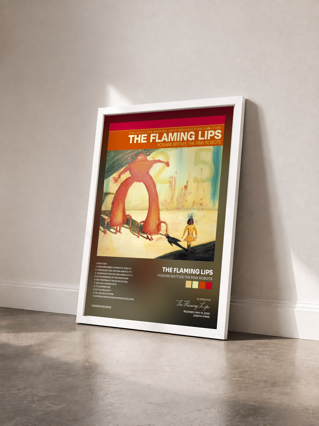 #blanc Tableau de l'album Yoshimi Battles the Pink Robots de The Flaming Lips vu de trois quarts, cadre blanc