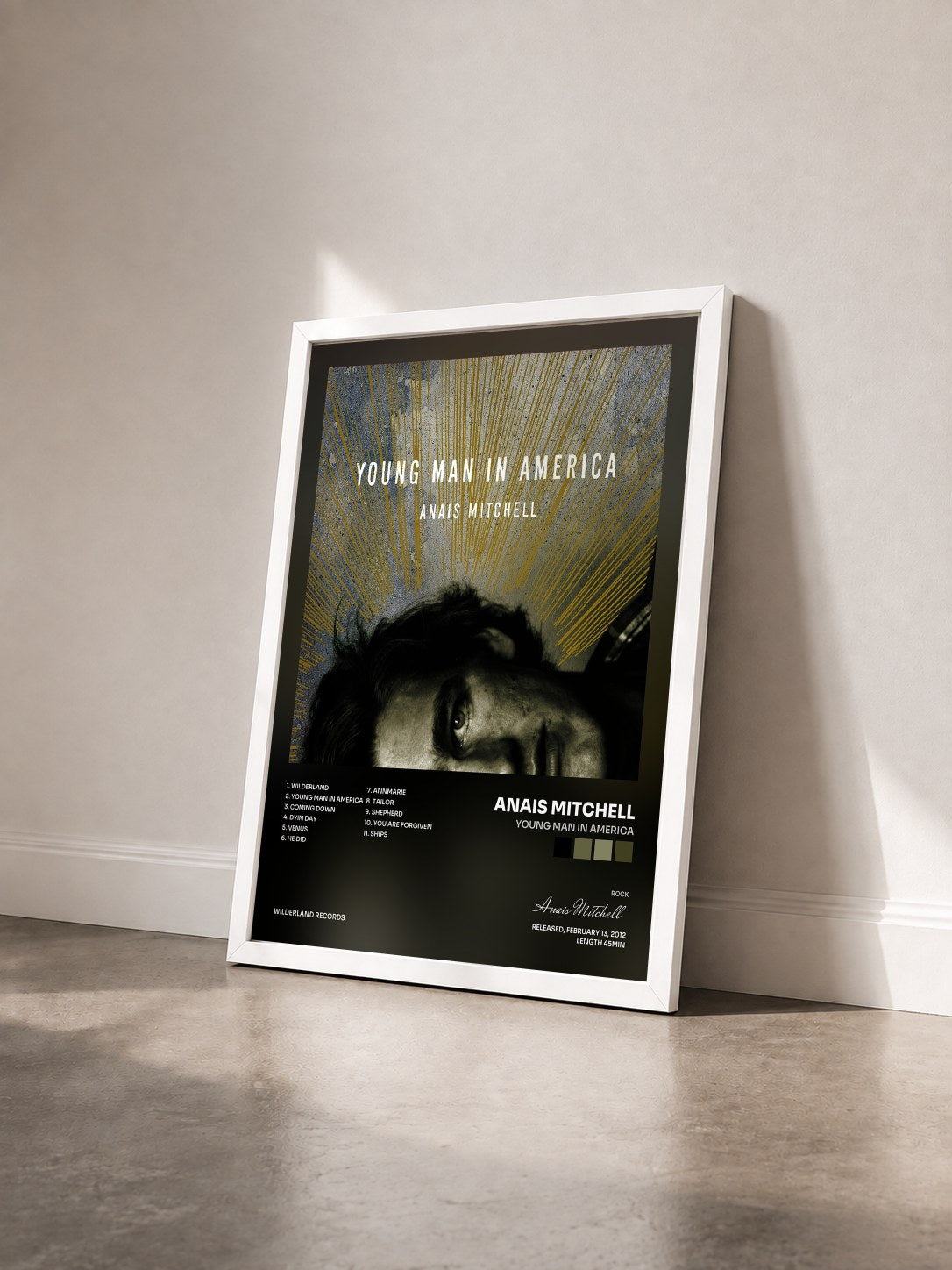 #blanc Tableau de l'album Young Man In America de Anais Mitchell vu de trois quarts, cadre blanc