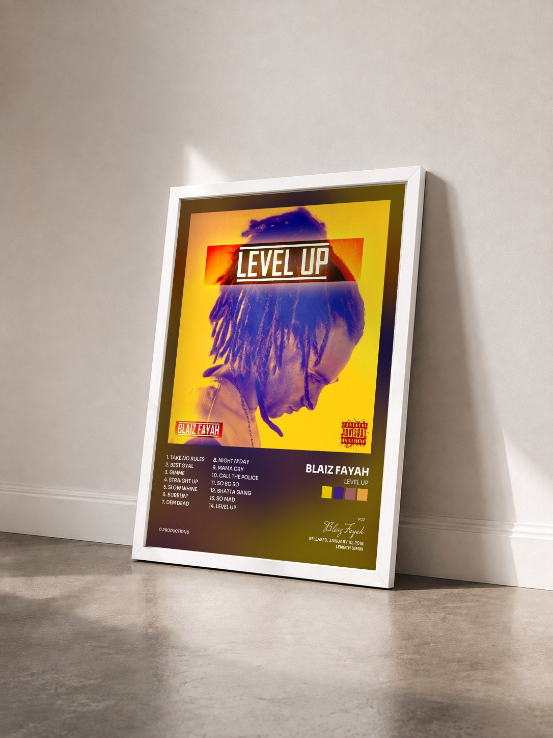 #blanc Tableau de l'album Level Up de Blaiz Fayah vu de trois quarts, cadre blanc