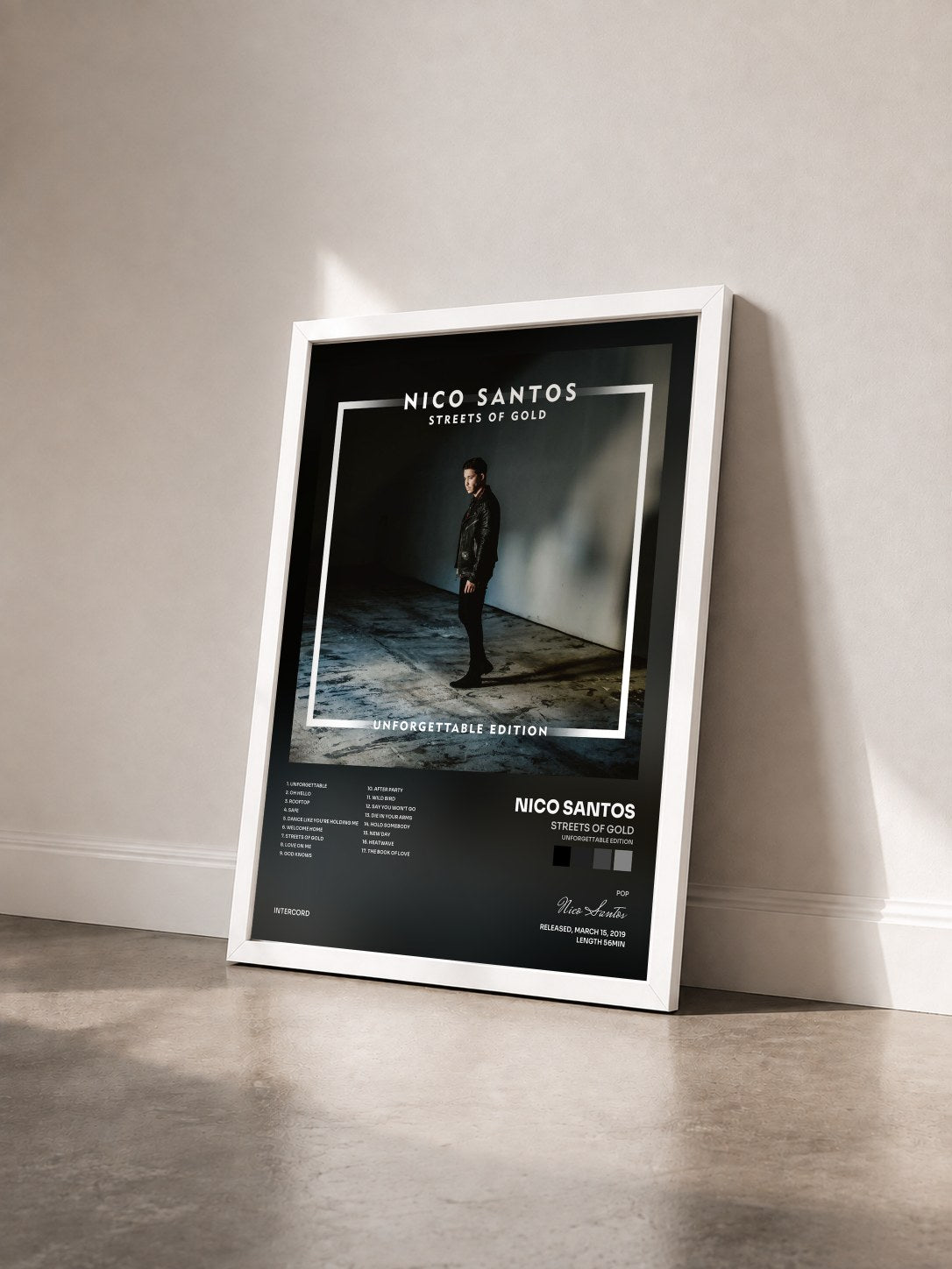 #blanc Tableau de l'album Streets Of Gold (Unforgettable Edition) de Nico Santos vu de trois quarts, cadre blanc