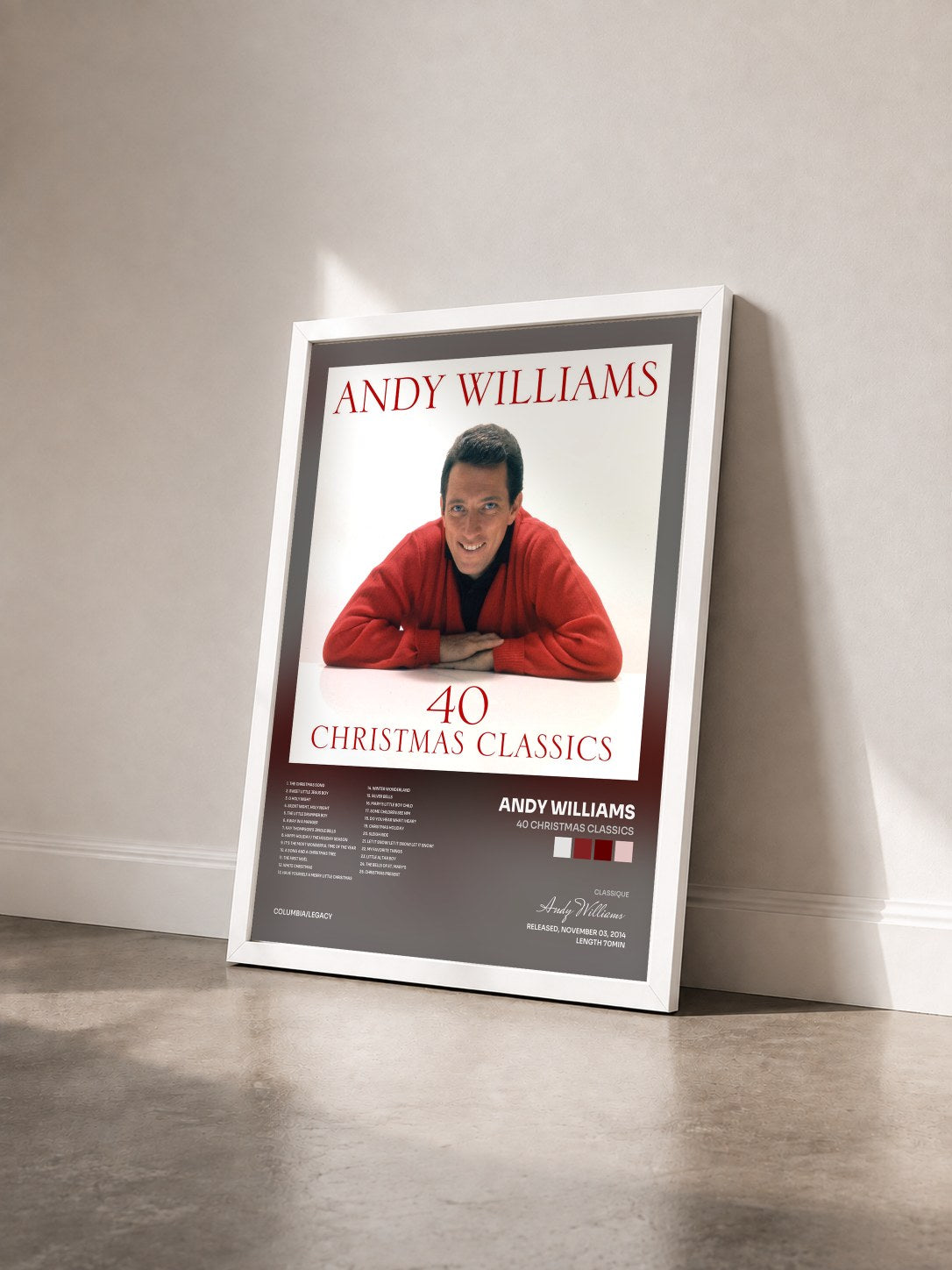 #blanc Tableau de l'album 40 Christmas Classics de Andy Williams vu de trois quarts, cadre blanc