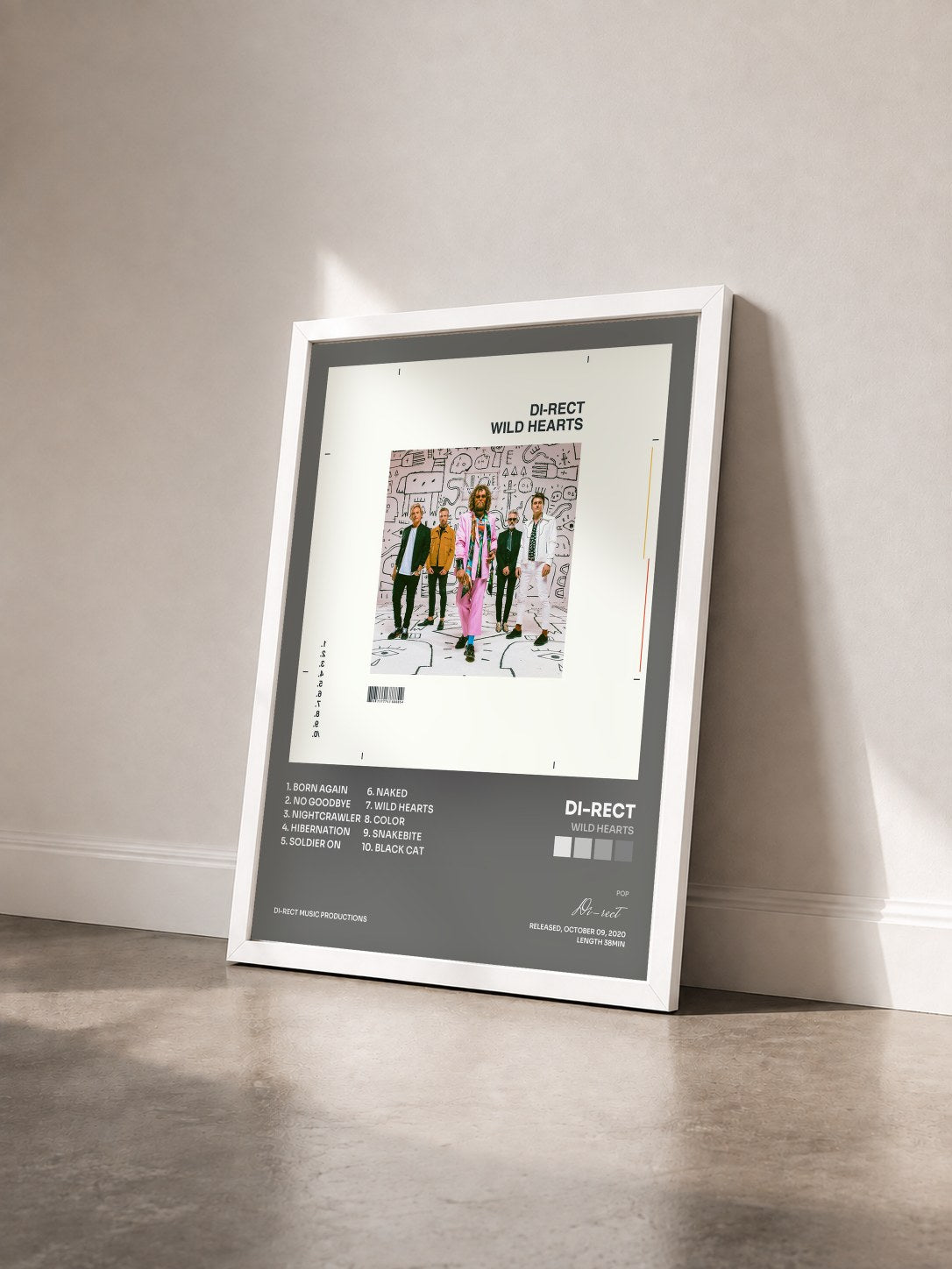#blanc Tableau de l'album Wild Hearts de Di-rect vu de trois quarts, cadre blanc