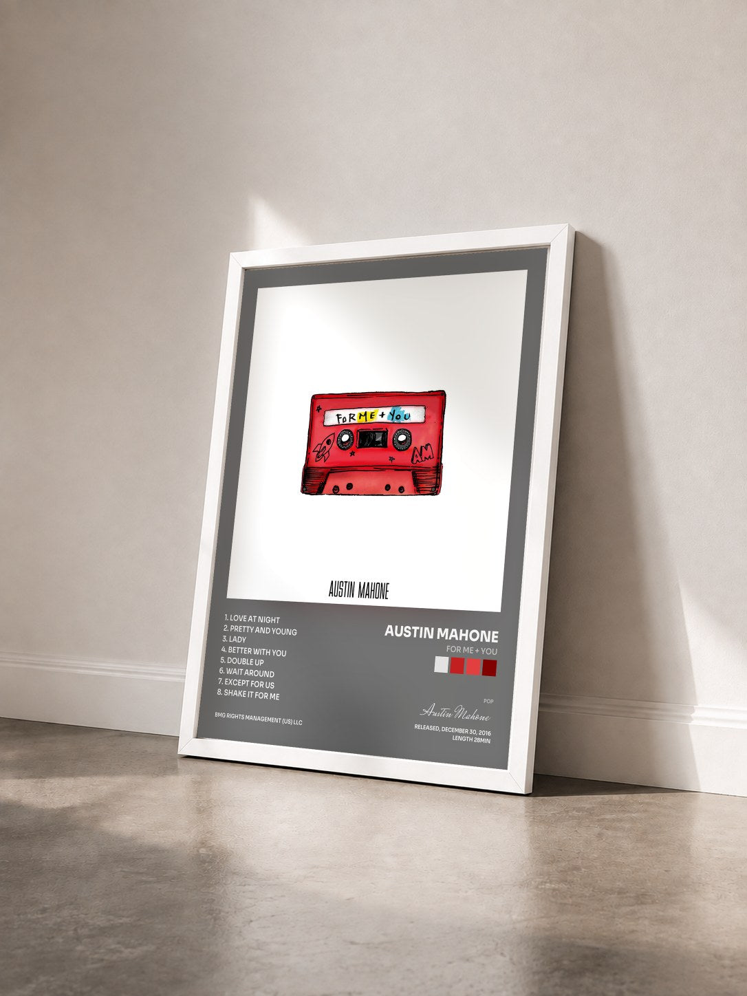 #blanc Tableau de l'album For Me + You de Austin Mahone vu de trois quarts, cadre blanc