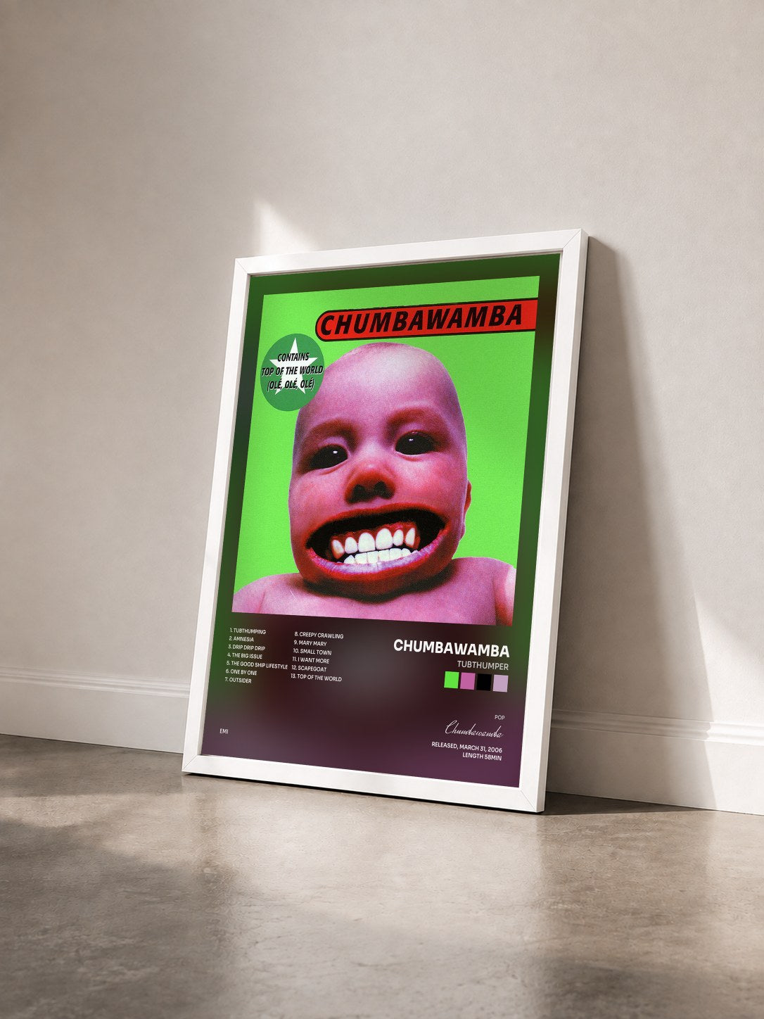 #blanc Tableau de l'album Tubthumper de Chumbawamba vu de trois quarts, cadre blanc
