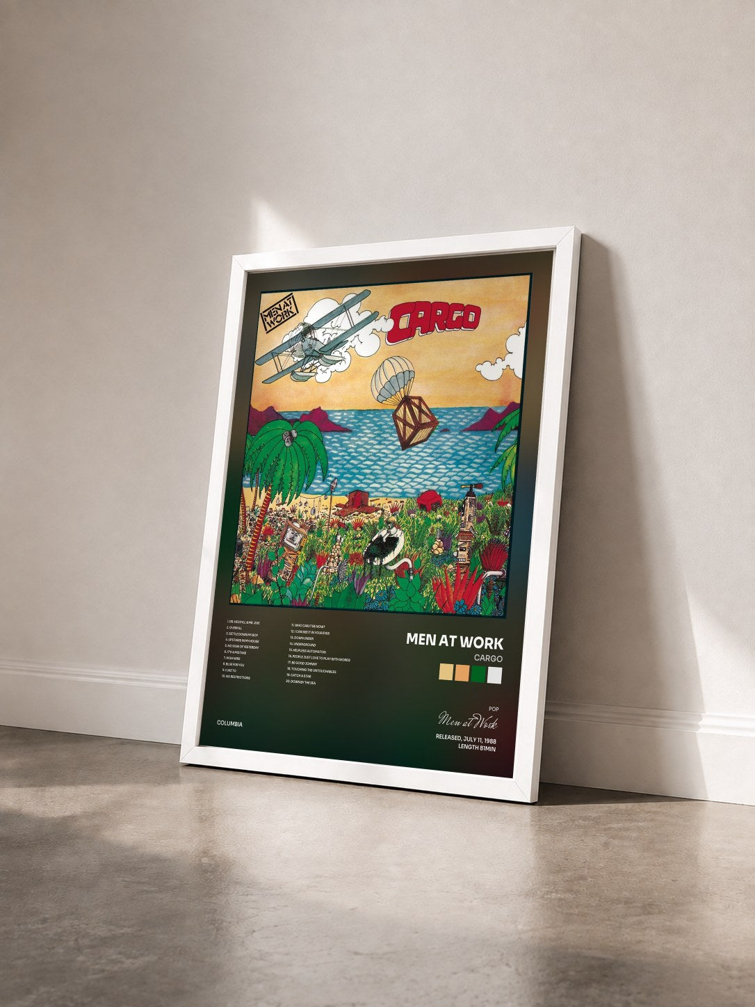 #blanc Tableau de l'album Cargo de Men at Work vu de trois quarts, cadre blanc