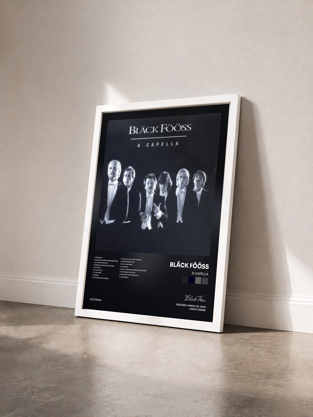 #blanc Tableau de l'album A Capella de Bläck Fööss vu de trois quarts, cadre blanc