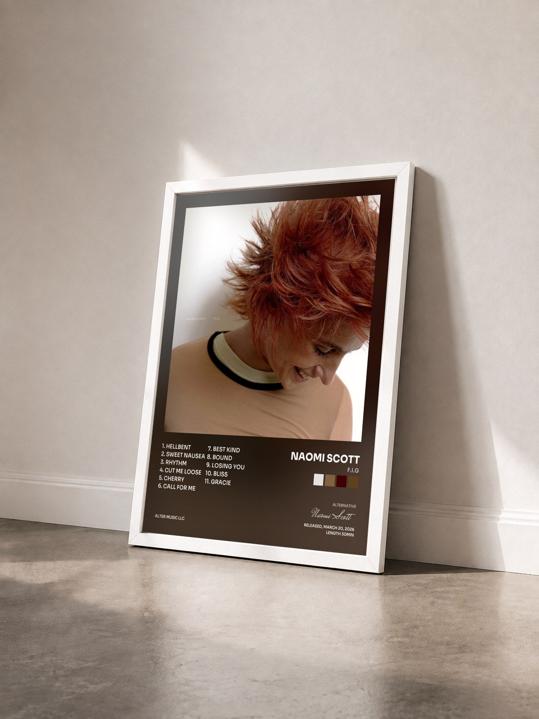 #blanc Tableau de l'album F.I.G de Naomi Scott vu de trois quarts, cadre blanc