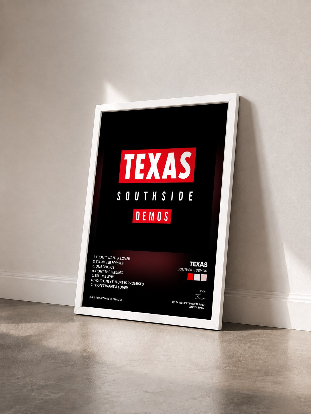 #blanc Tableau de l'album Southside Demos de Texas vu de trois quarts, cadre blanc