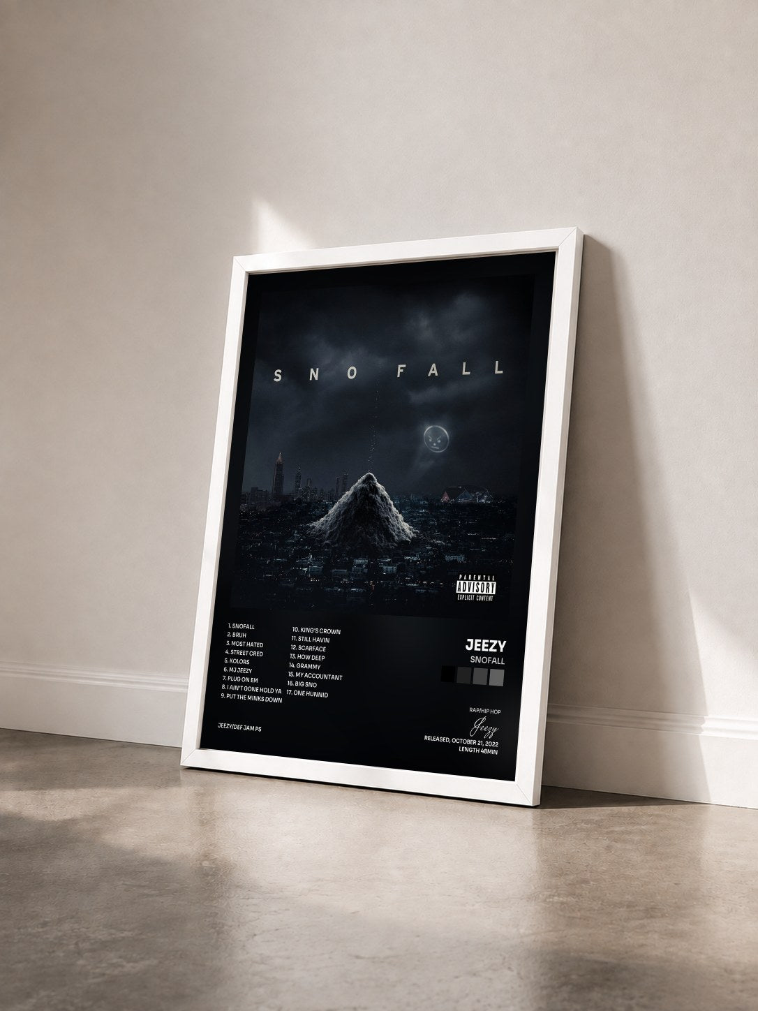 #blanc Tableau de l'album SNOFALL de Jeezy vu de trois quarts, cadre blanc