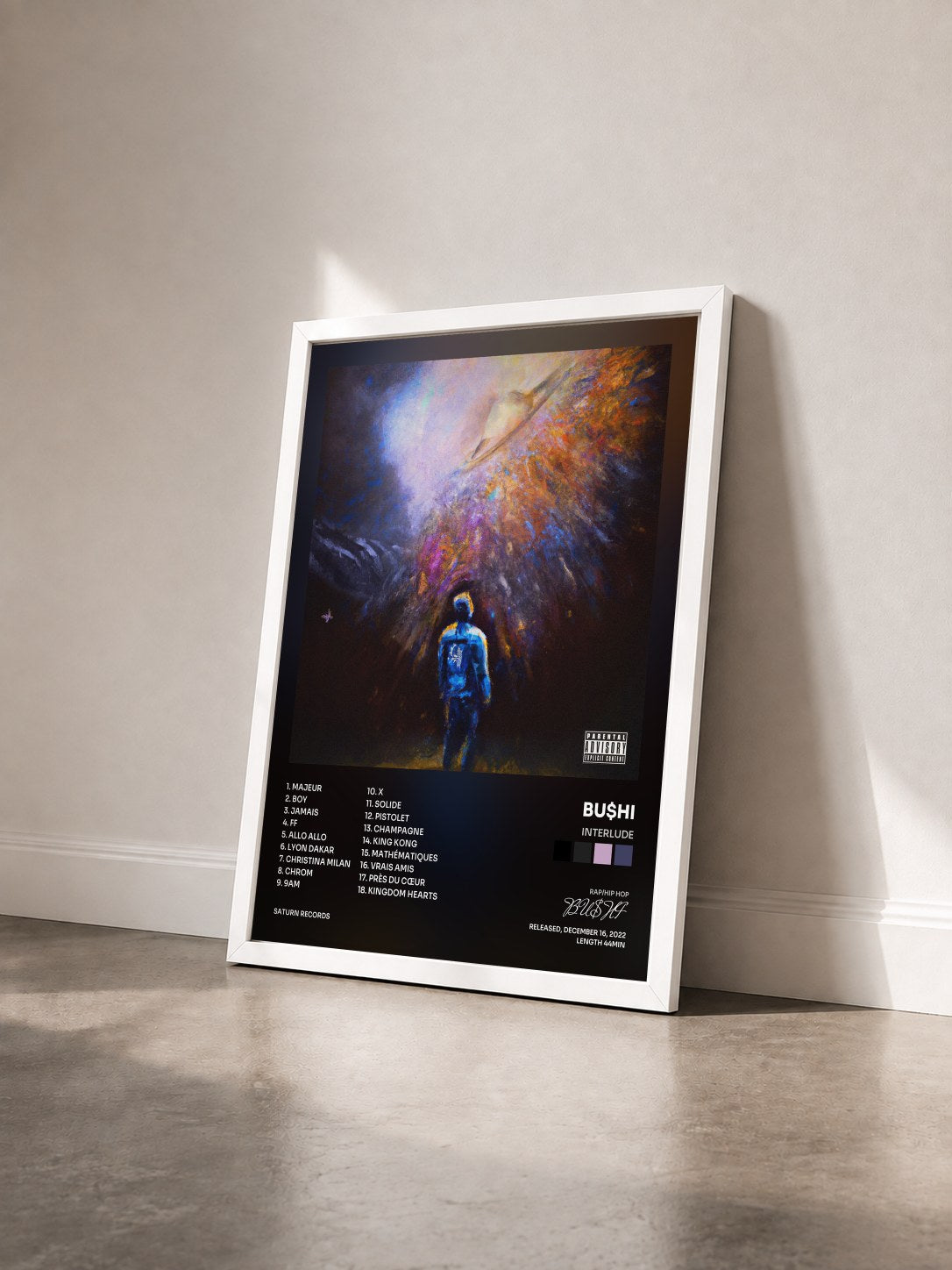 #blanc Tableau de l'album Interlude de BU$HI vu de trois quarts, cadre blanc