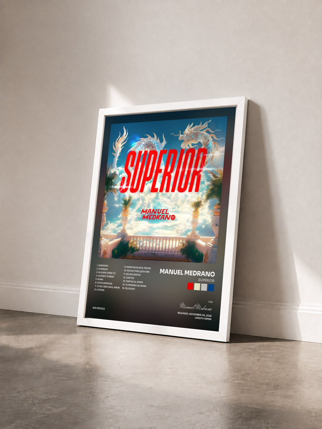#blanc Tableau de l'album SUPERIOR de Manuel Medrano vu de trois quarts, cadre blanc