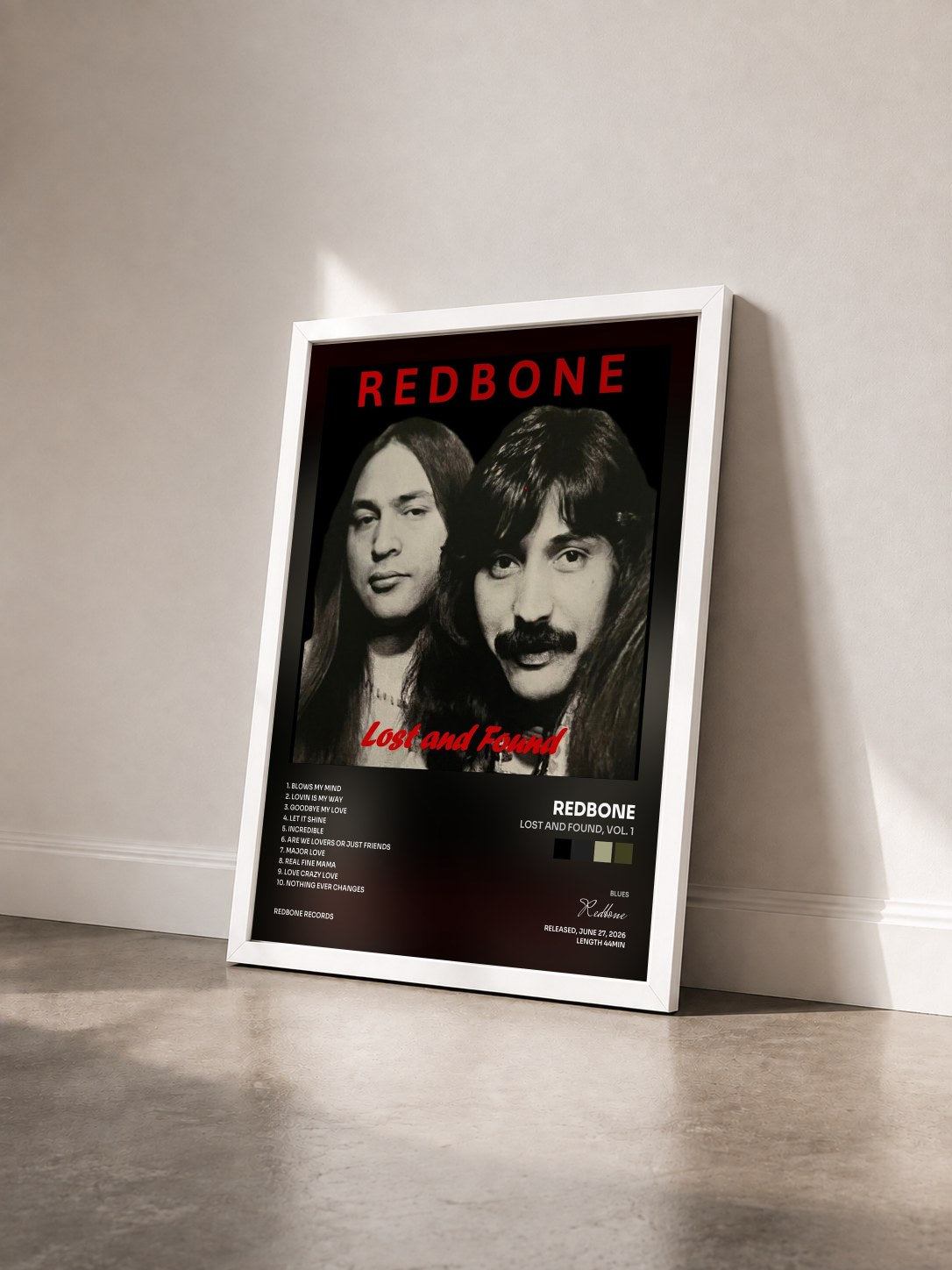 #blanc Tableau de l'album Lost and Found, Vol. 1 de Redbone vu de trois quarts, cadre blanc
