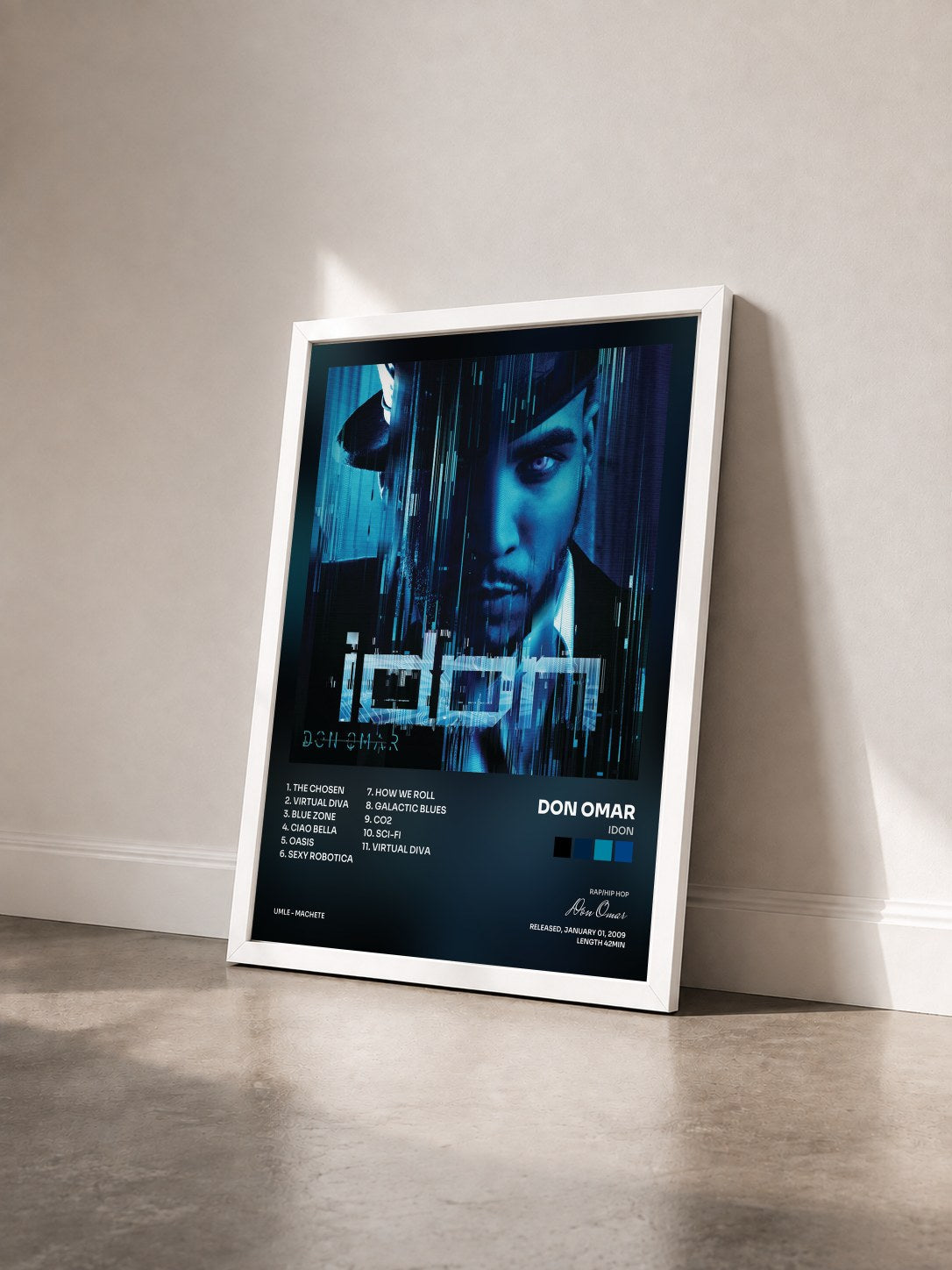 #blanc Tableau de l'album iDon de Don Omar vu de trois quarts, cadre blanc