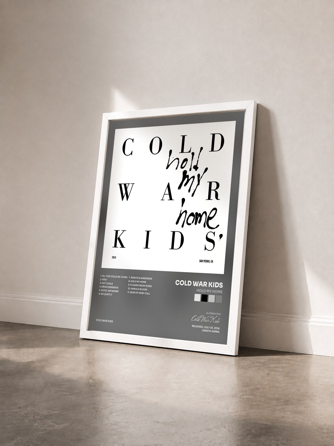 #blanc Tableau de l'album Hold My Home de Cold War Kids vu de trois quarts, cadre blanc