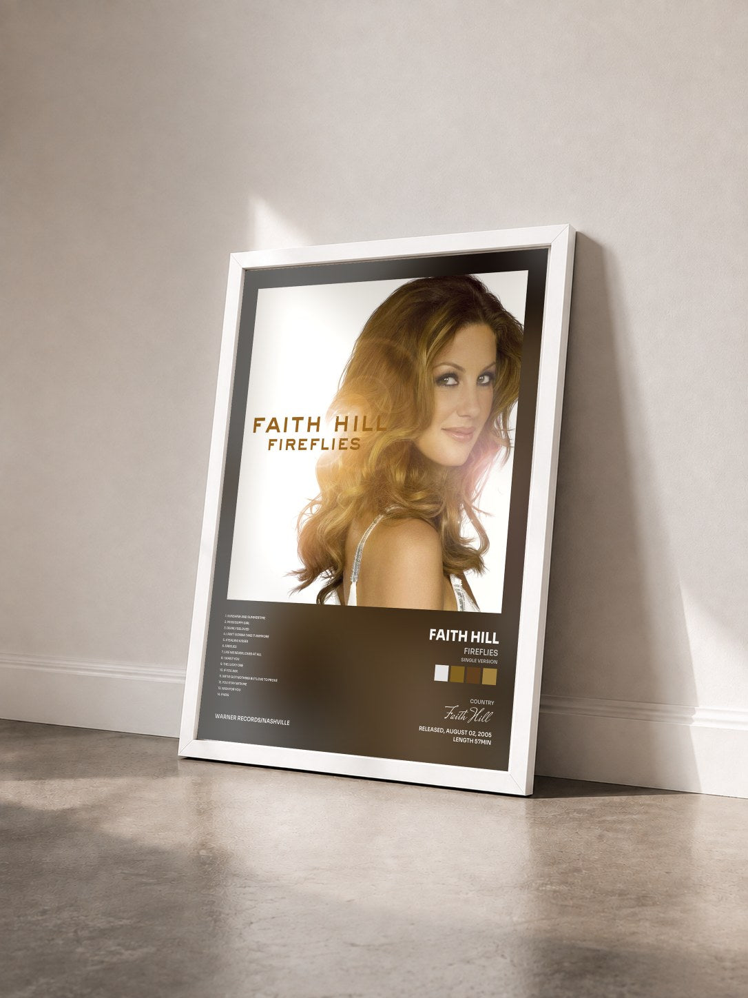 #blanc Tableau de l'album Fireflies (Single Version) de Faith Hill vu de trois quarts, cadre blanc
