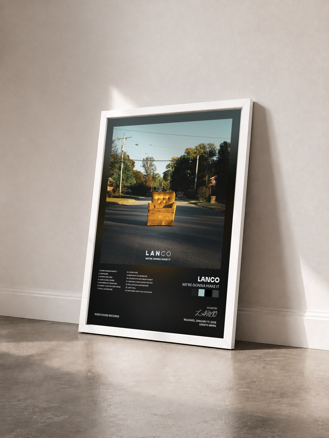 #blanc Tableau de l'album We're Gonna Make It de LANCO vu de trois quarts, cadre blanc