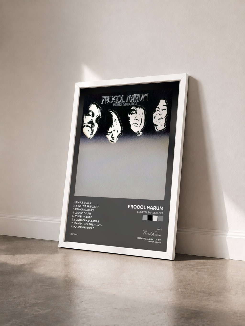 #blanc Tableau de l'album Broken Barricades de Procol Harum vu de trois quarts, cadre blanc