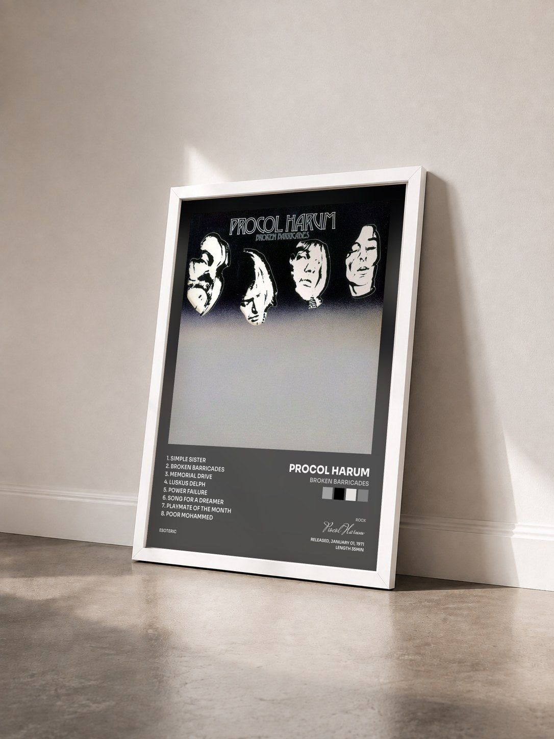#blanc Tableau de l'album Broken Barricades de Procol Harum vu de trois quarts, cadre blanc