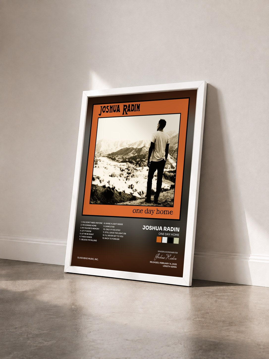 #blanc Tableau de l'album ONE DAY HOME de Joshua Radin vu de trois quarts, cadre blanc