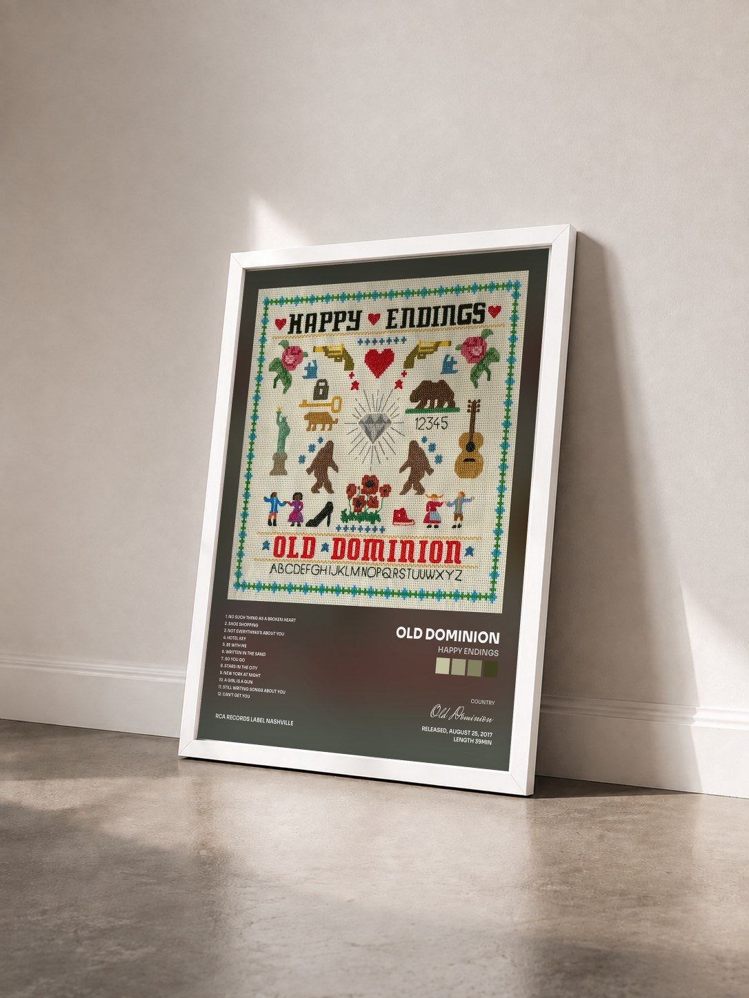 #blanc Tableau de l'album Happy Endings de Old Dominion vu de trois quarts, cadre blanc