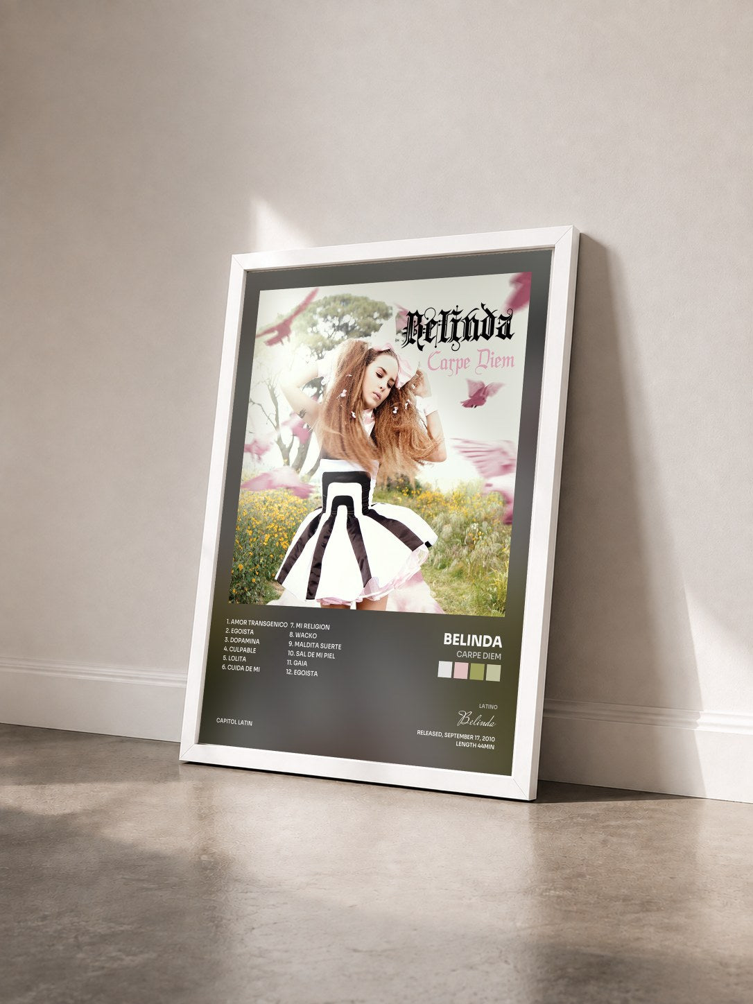 #blanc Tableau de l'album Carpe Diem de Belinda vu de trois quarts, cadre blanc