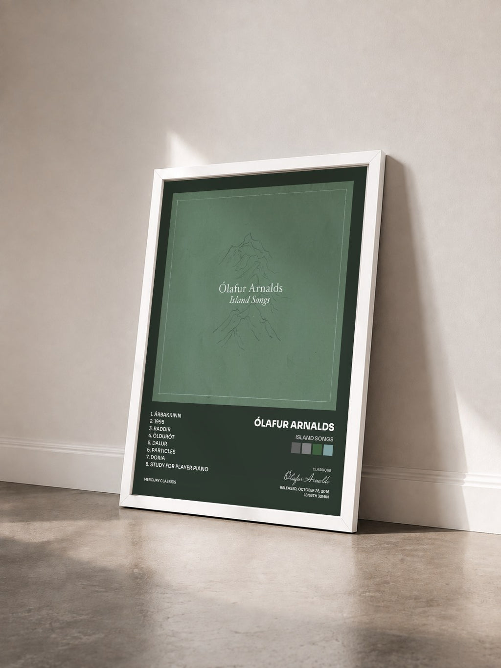 #blanc Island Songs by Ólafur Arnalds as a framed art print seen at an angle, white frame