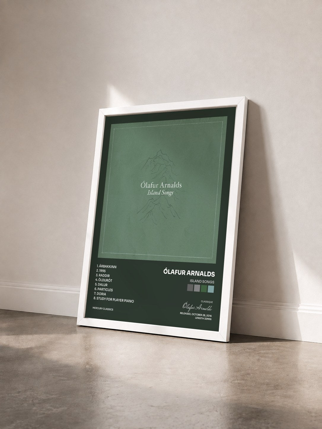 #blanc Tableau de l'album Island Songs de Ólafur Arnalds vu de trois quarts, cadre blanc