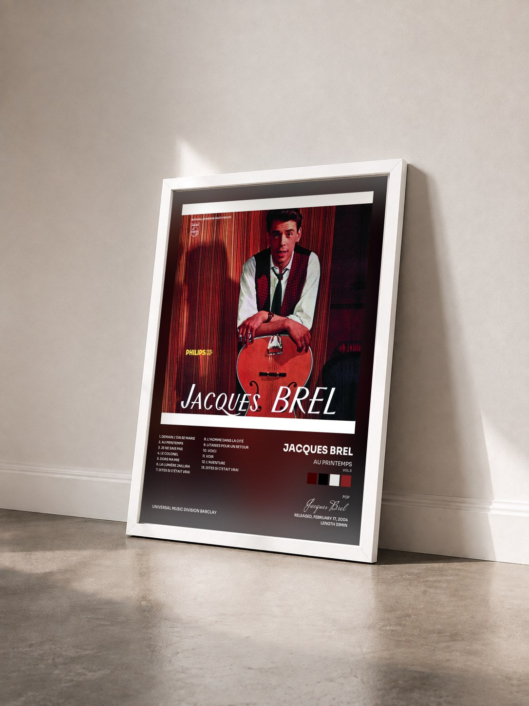 #blanc Tableau de l'album Au Printemps (Vol.3) de Jacques Brel vu de trois quarts, cadre blanc