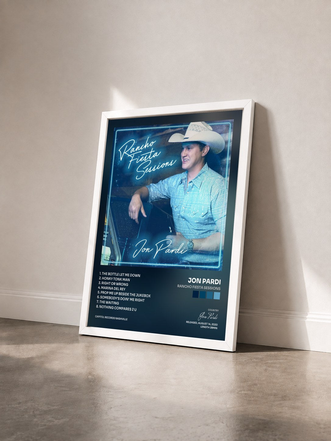 #blanc Tableau de l'album Rancho Fiesta Sessions de Jon Pardi vu de trois quarts, cadre blanc