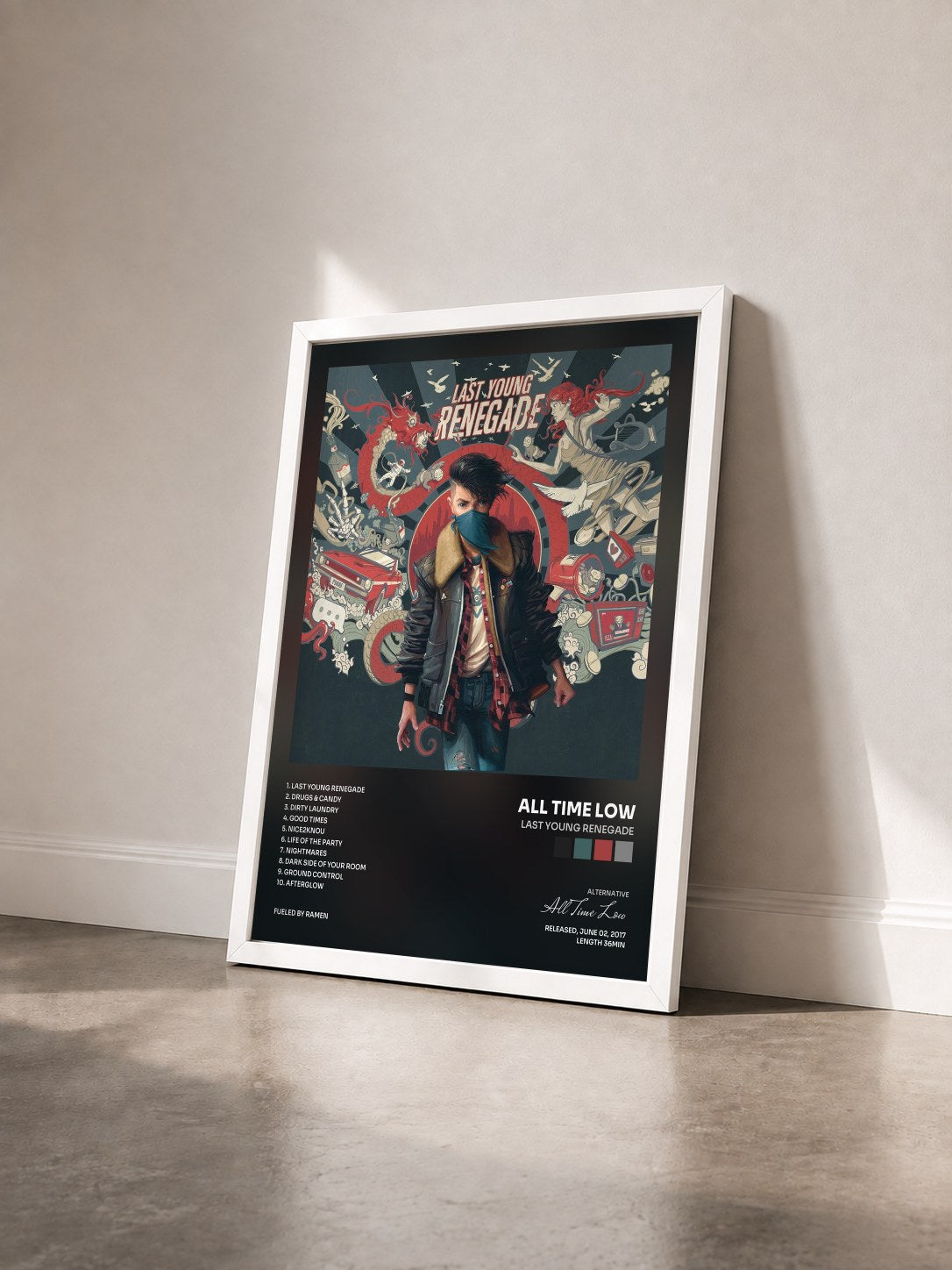 #blanc Tableau de l'album Last Young Renegade de All Time Low vu de trois quarts, cadre blanc