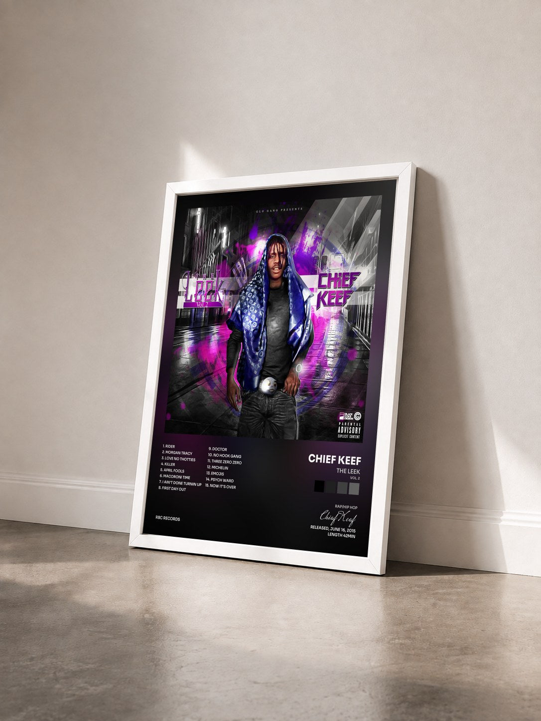 #blanc Tableau de l'album The Leek (Vol. 2) de Chief Keef vu de trois quarts, cadre blanc