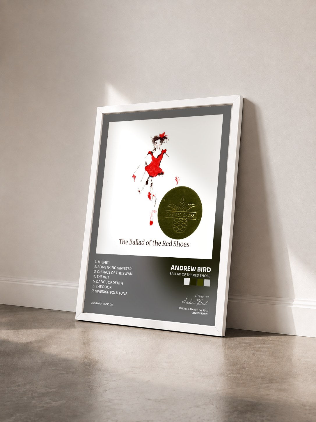 #blanc Tableau de l'album Ballad of the Red Shoes de Andrew Bird vu de trois quarts, cadre blanc