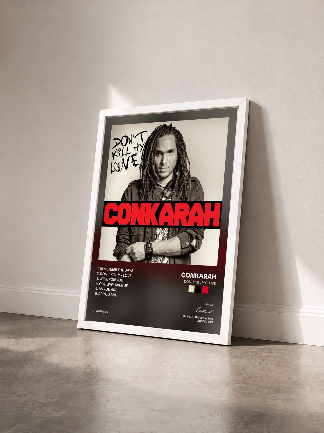 #blanc Tableau de l'album Don't Kill My Love de Conkarah vu de trois quarts, cadre blanc