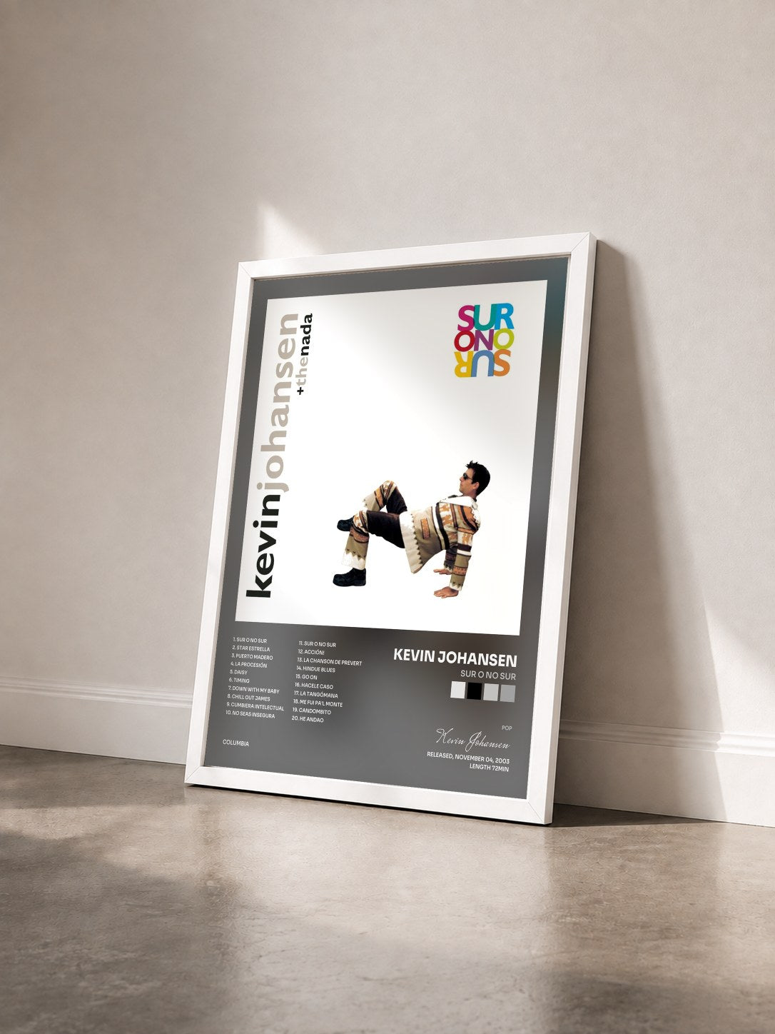 #blanc Tableau de l'album Sur o No Sur de Kevin Johansen vu de trois quarts, cadre blanc