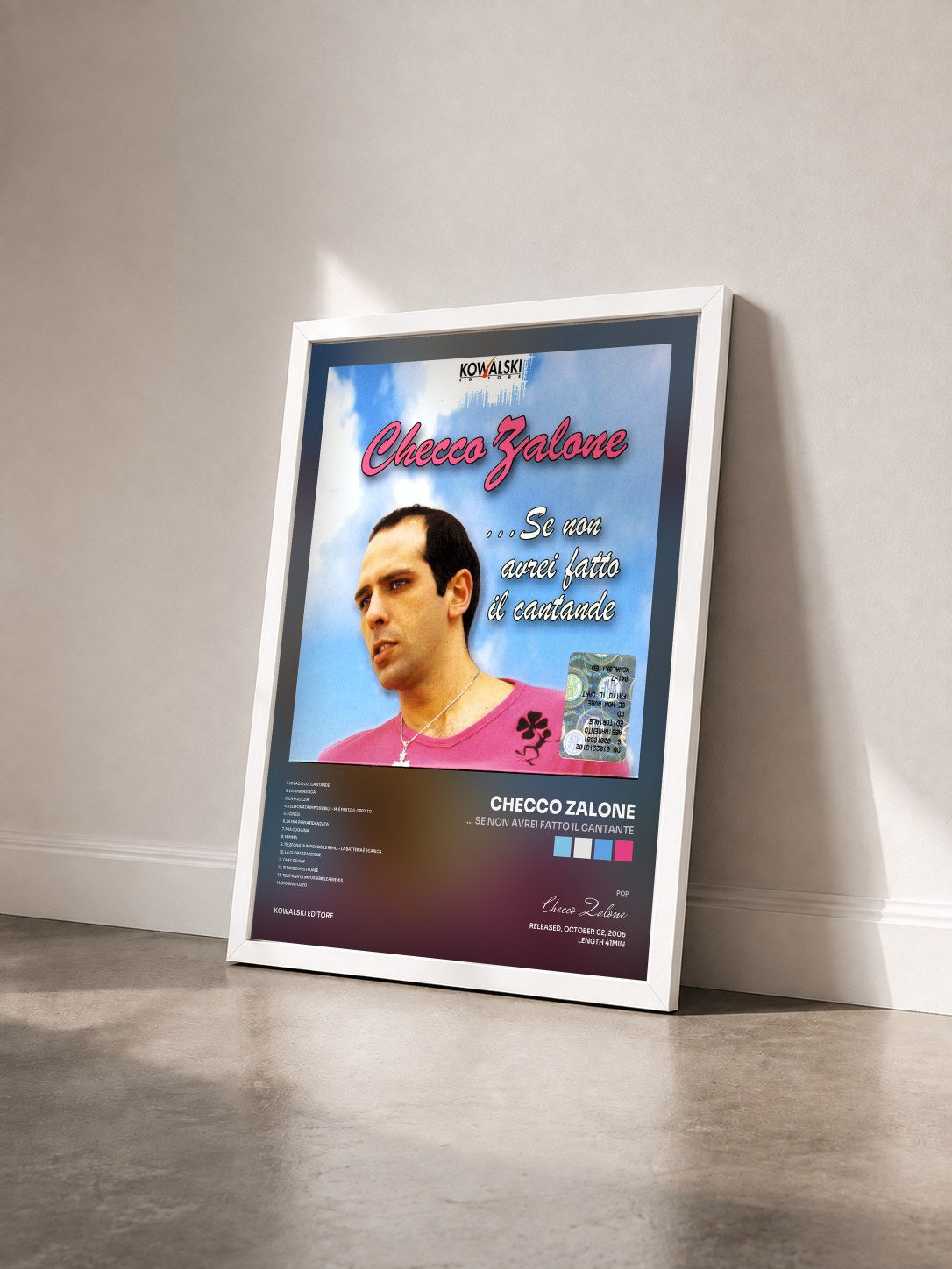 #blanc Tableau de l'album ... Se Non Avrei Fatto Il Cantante de Checco Zalone vu de trois quarts, cadre blanc
