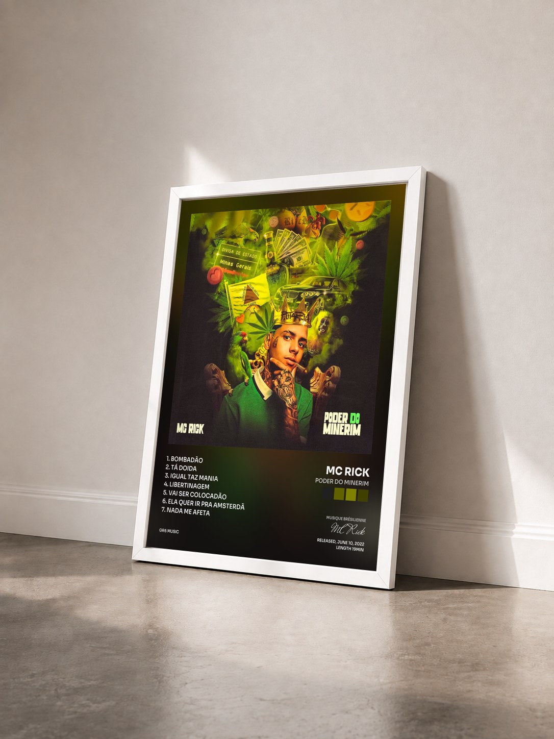 #blanc Tableau de l'album Poder do Minerim de MC Rick vu de trois quarts, cadre blanc