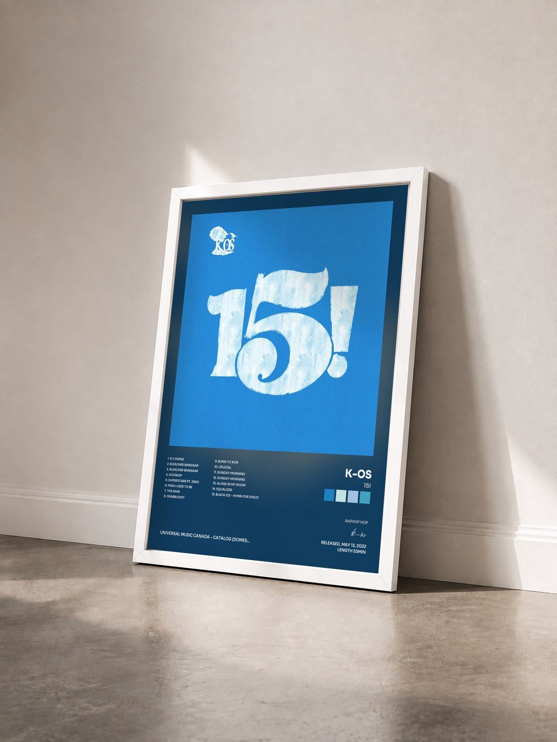 #blanc Tableau de l'album 15! de k-os vu de trois quarts, cadre blanc