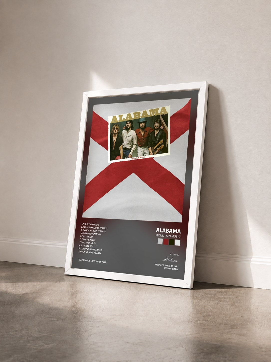 #blanc Tableau de l'album Mountain Music de Alabama vu de trois quarts, cadre blanc