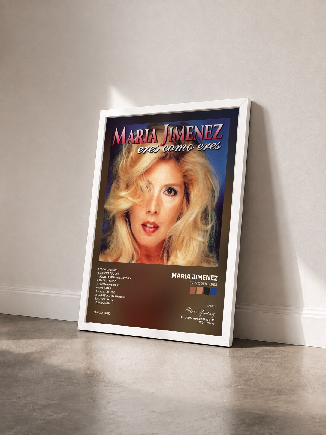 #blanc Tableau de l'album Eres Como Eres de Maria Jimenez vu de trois quarts, cadre blanc