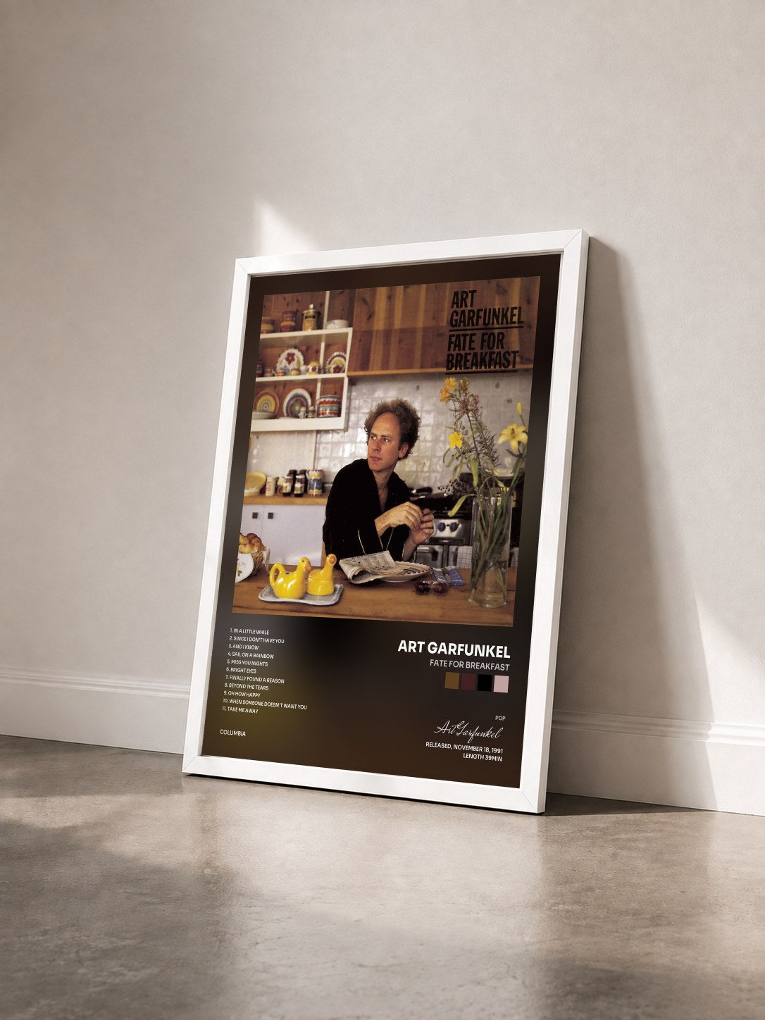 #blanc Tableau de l'album FATE FOR BREAKFAST de Art Garfunkel vu de trois quarts, cadre blanc