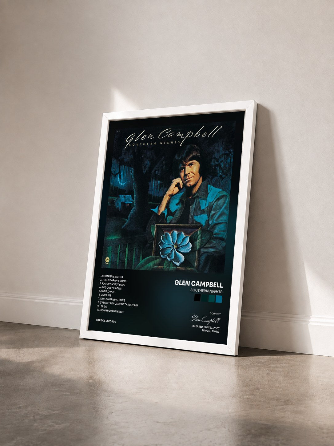 #blanc Tableau de l'album Southern Nights de Glen Campbell vu de trois quarts, cadre blanc