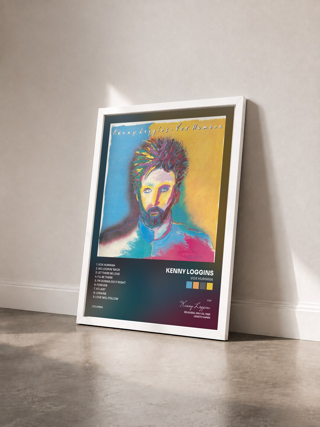 #blanc Tableau de l'album Vox Humana de Kenny Loggins vu de trois quarts, cadre blanc