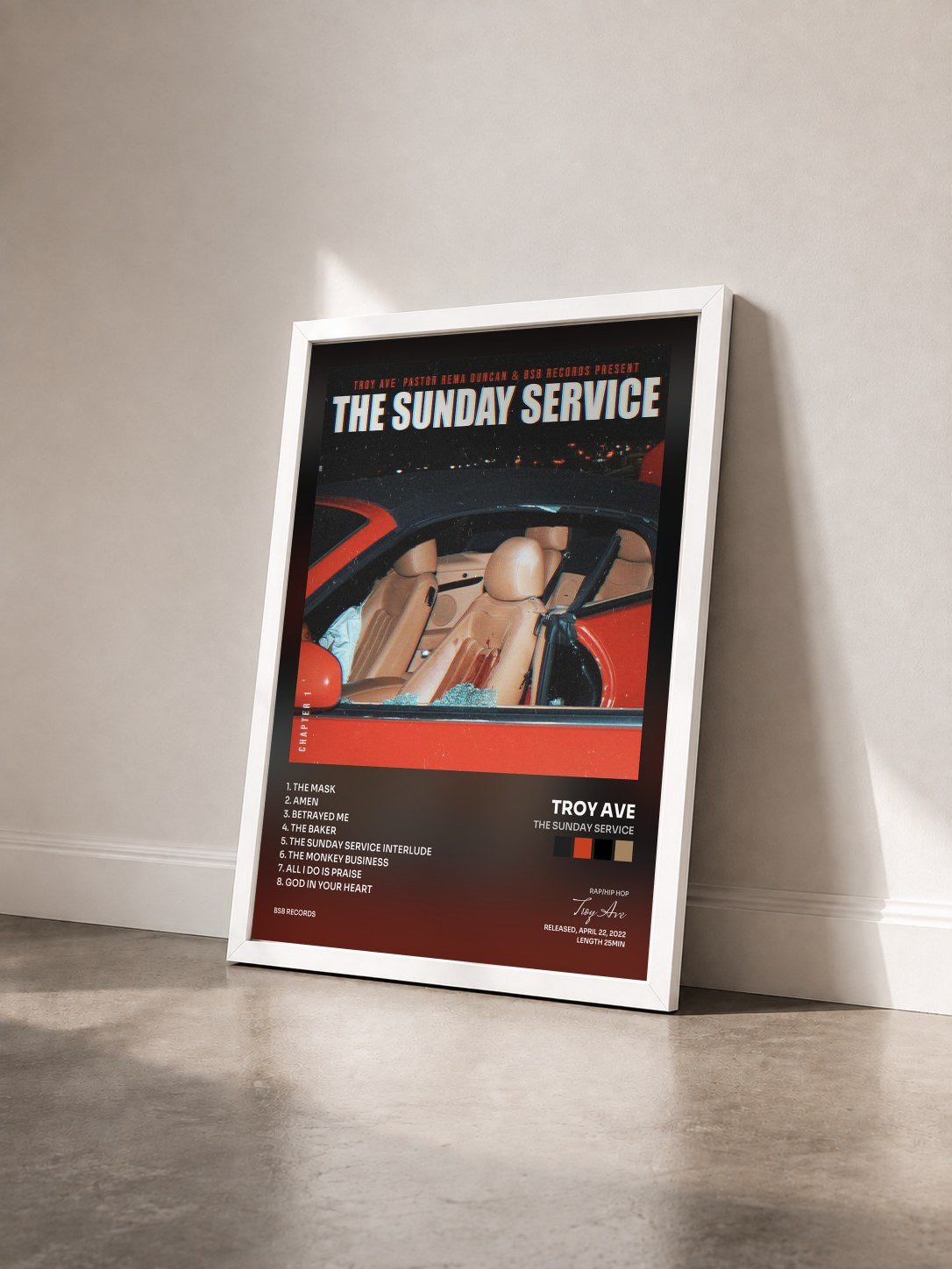 #blanc Tableau de l'album THE SUNDAY SERVICE de Troy Ave vu de trois quarts, cadre blanc