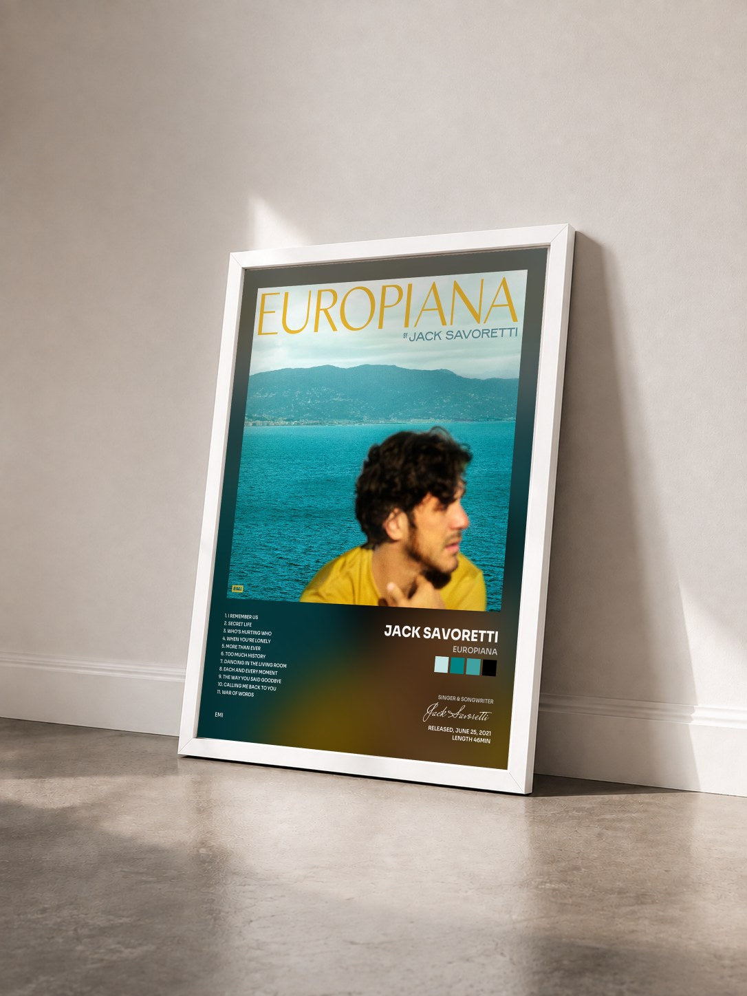 #blanc Tableau de l'album Europiana de Jack Savoretti vu de trois quarts, cadre blanc