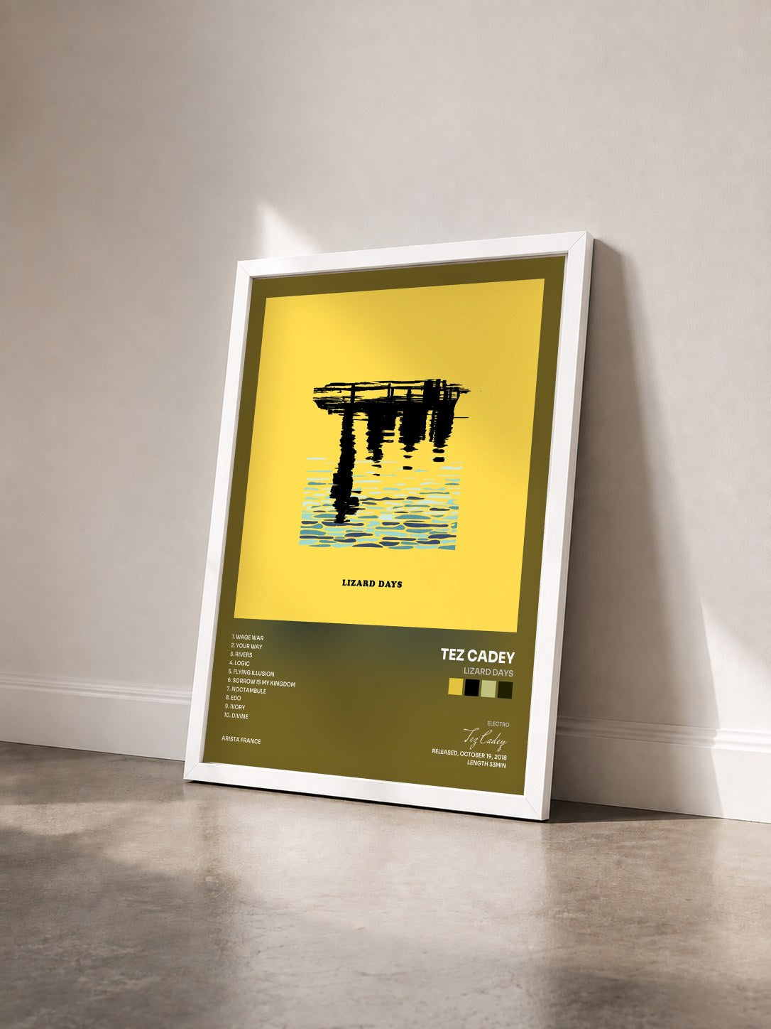 #blanc Tableau de l'album Lizard Days de Tez Cadey vu de trois quarts, cadre blanc
