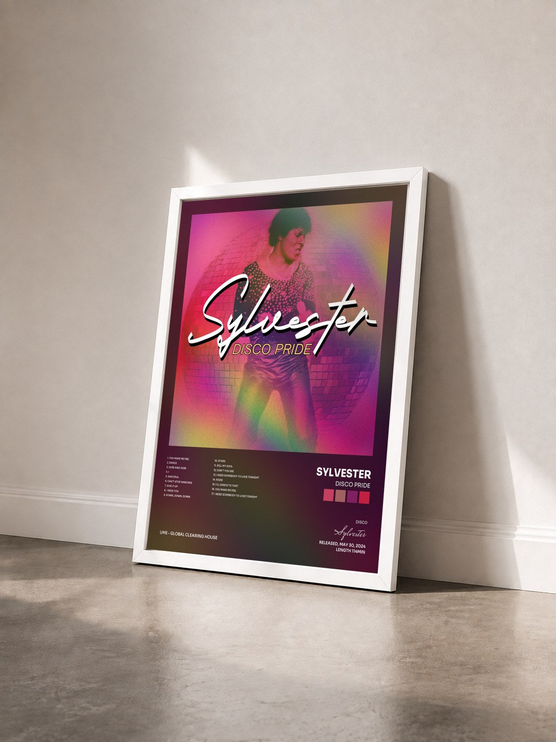 #blanc Tableau de l'album Disco Pride de Sylvester vu de trois quarts, cadre blanc
