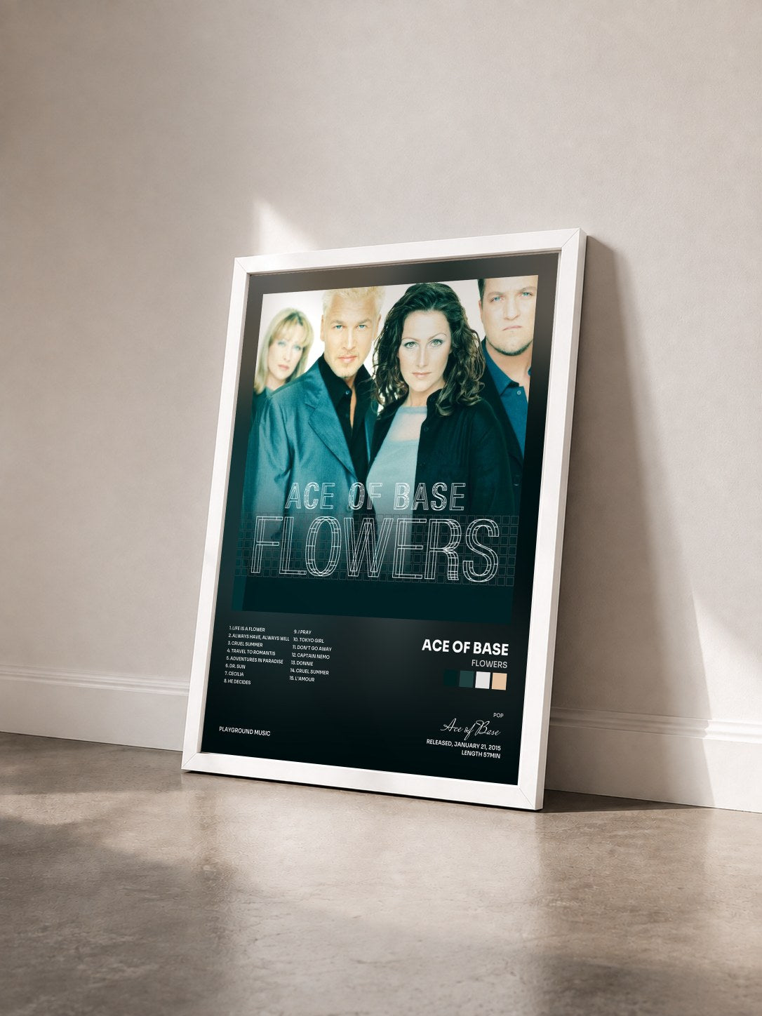 #blanc Tableau de l'album Flowers de Ace of Base vu de trois quarts, cadre blanc