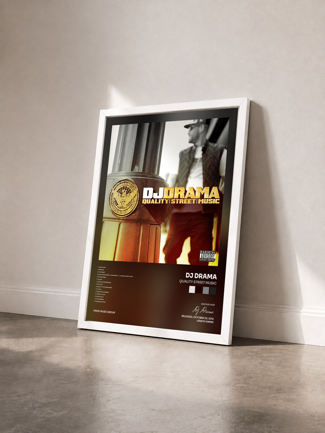 #blanc Tableau de l'album Quality Street Music de Dj Drama vu de trois quarts, cadre blanc