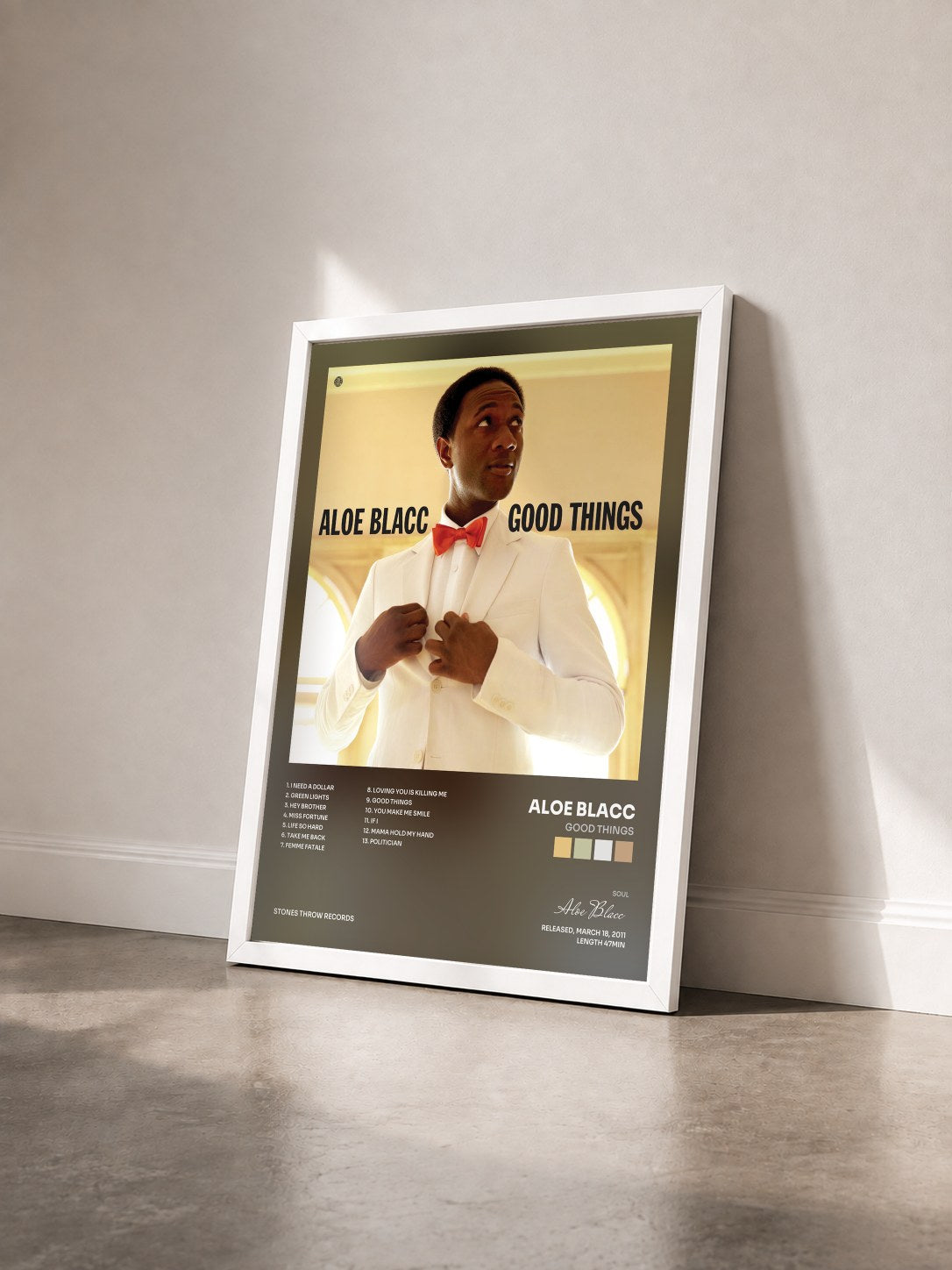 #blanc Tableau de l'album Good Things de Aloe Blacc vu de trois quarts, cadre blanc