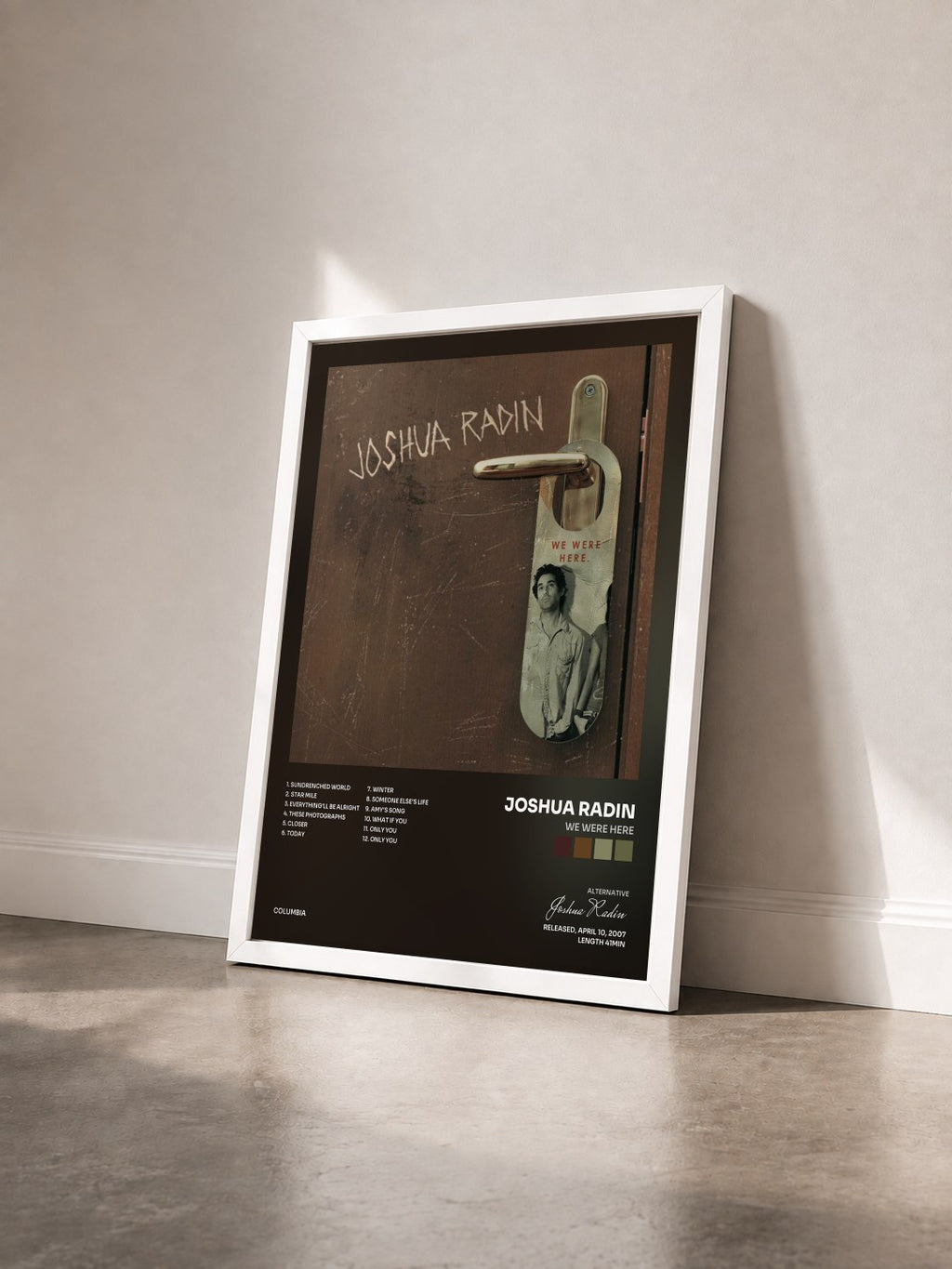 #blanc Tableau de l'album We Were Here de Joshua Radin vu de trois quarts, cadre blanc